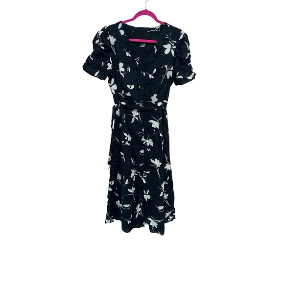 DKNY Black Floral Midi Dress Wrap Style Short Sleeve Size 14 - Picture 1 of 4